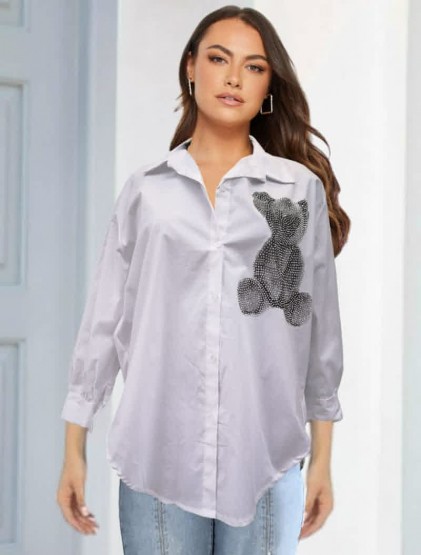 White Oversized shirt with strass bear