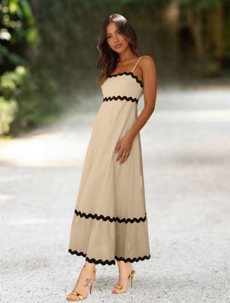 Beige Spaghetti-strap midi  dress