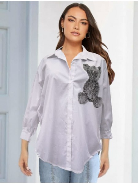 White Oversized shirt with strass bear