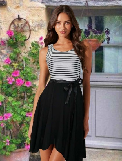 Black Striped Flared Sleeveless Dress