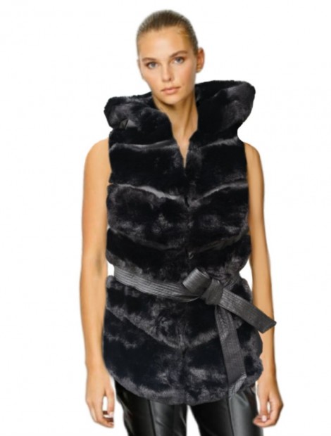 Black Faux fur sleeveless jacket with hood