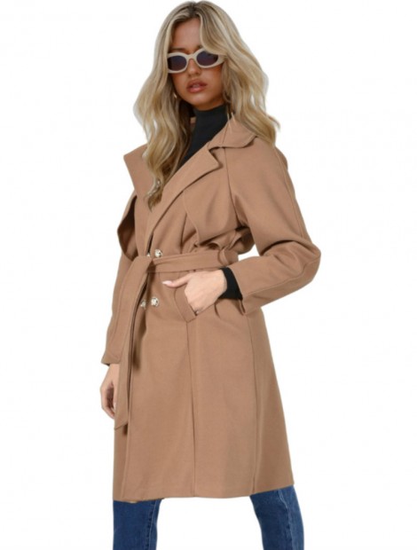 Camel coat with belt and epaulettes