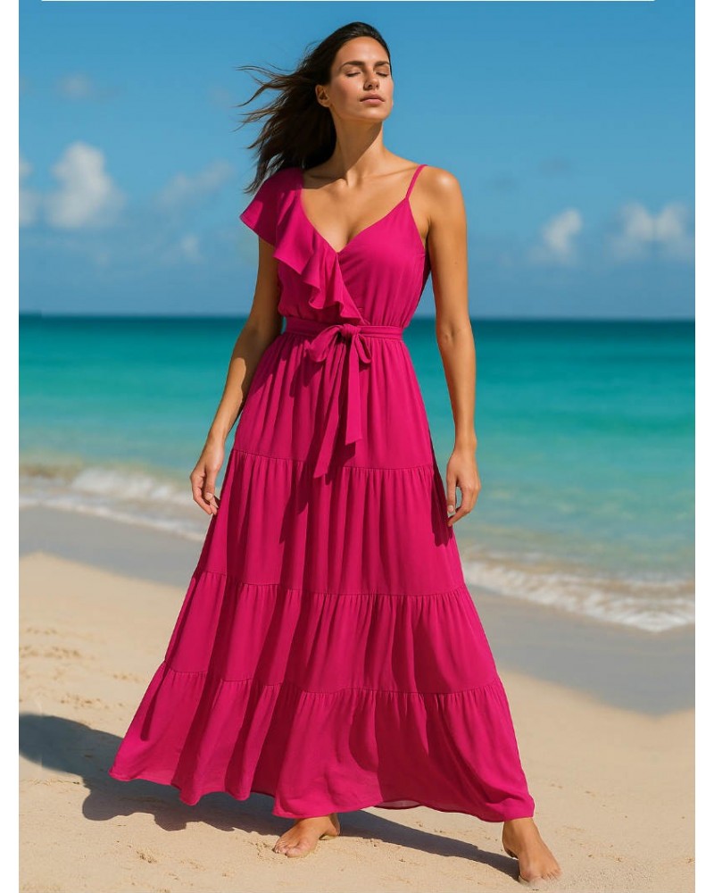Φούξια Μακρύ φόρεμα με βολάν και τιραντάκι