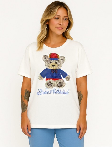 T-shirt with blue rhinestone teddy bear
