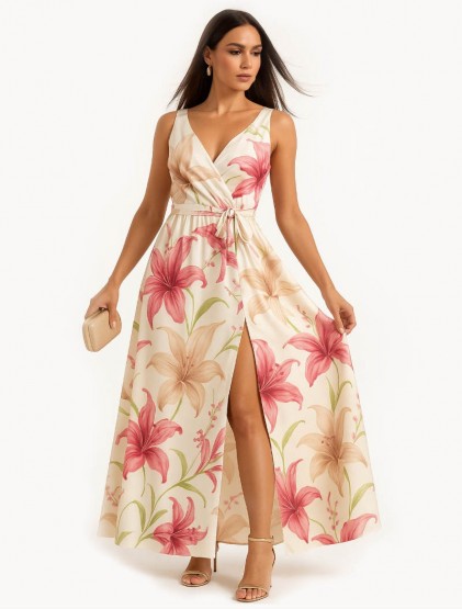 Cream Floral crepe-satin dress