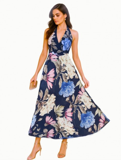 Blue Floral ''Linen'' halter dress