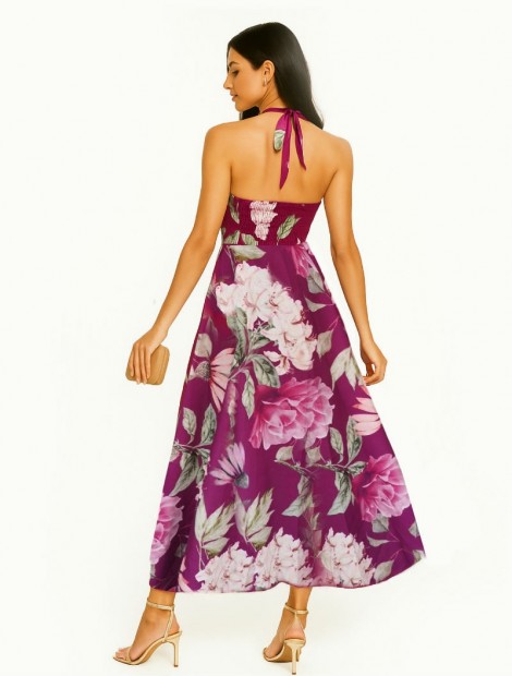 Magenta Floral ''Linen'' halter dress