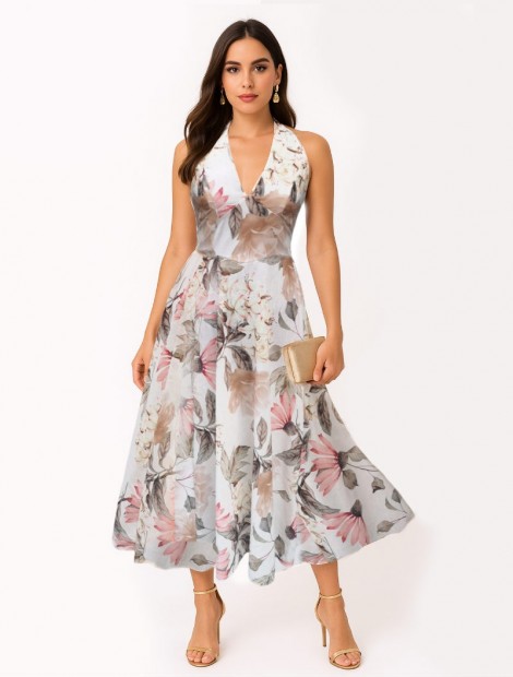 Ecru Floral ''Linen'' halter dress