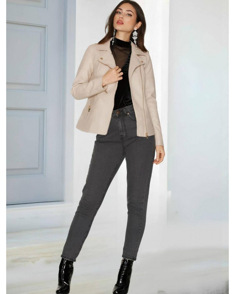 Cream Faux Leather Biker