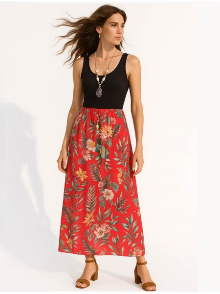 Red Dress with black boost and floral skirt