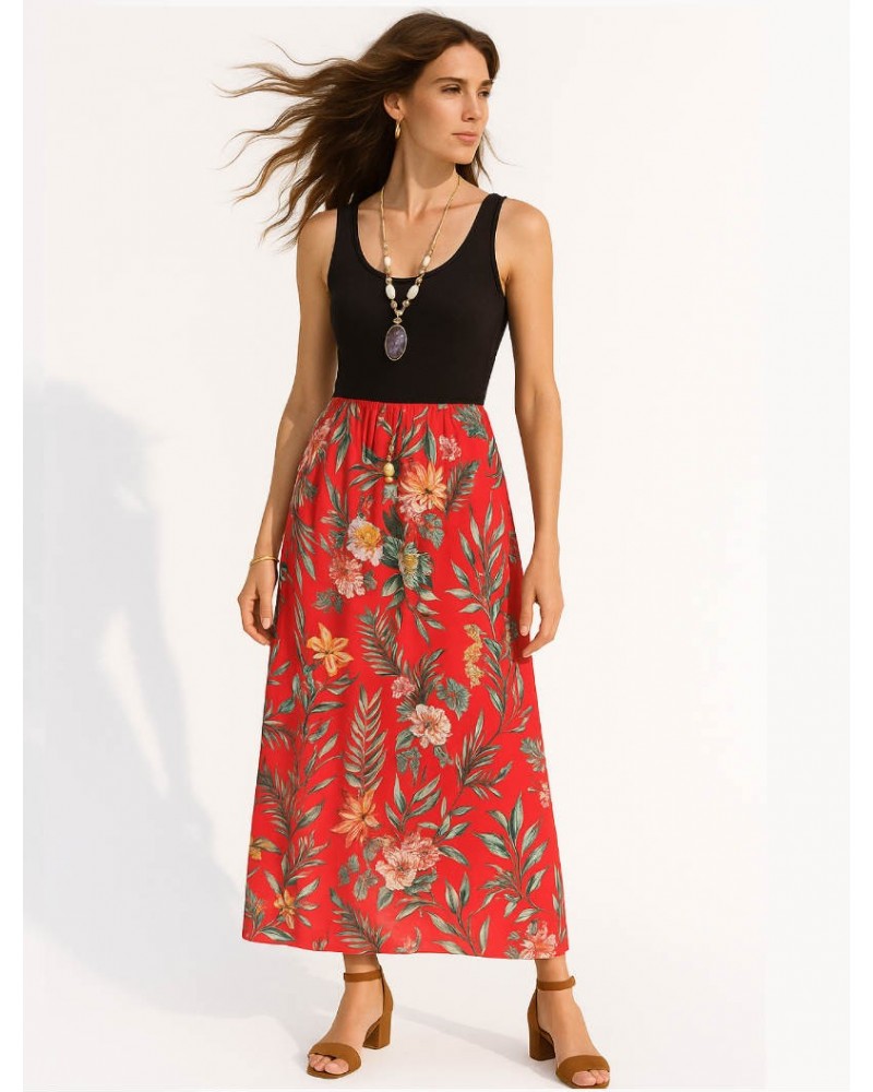 Red Dress with black boost and floral skirt