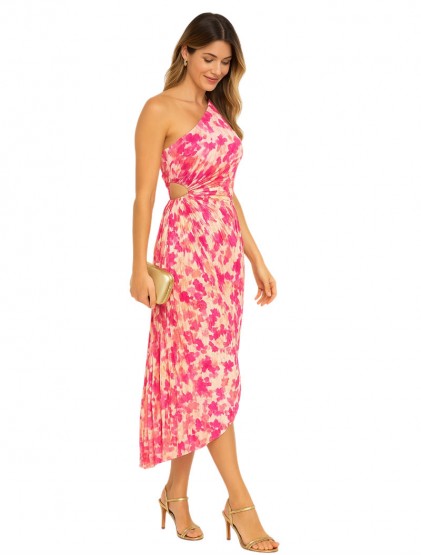 Coral One shaulder plisse satin dress