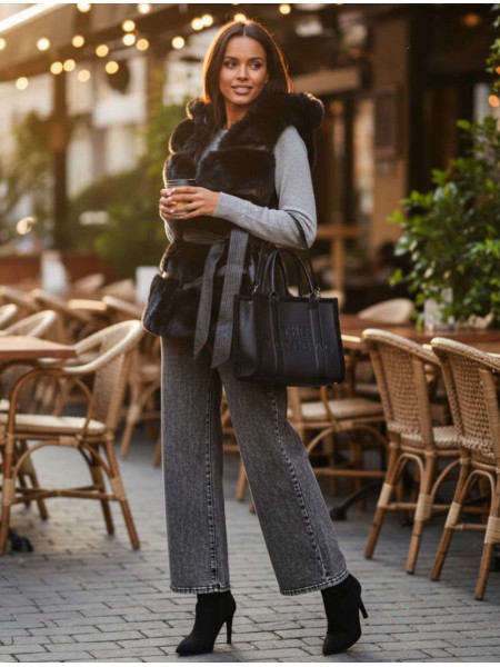 Black Faux fur sleeveless jacket with hood